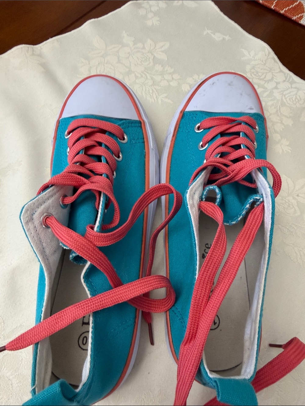 Women’s Teal Canvas Sneakers with Coral Laces - Casual Fashion